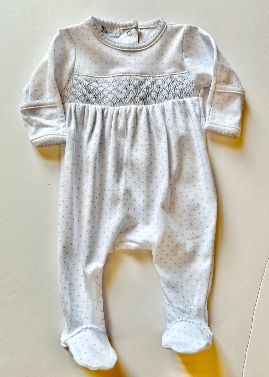 Mini Dots Smocked Footie - Blue | Magnolia Baby - baby gown - Jimberly's Boutique - Olive Branch - Mississippi