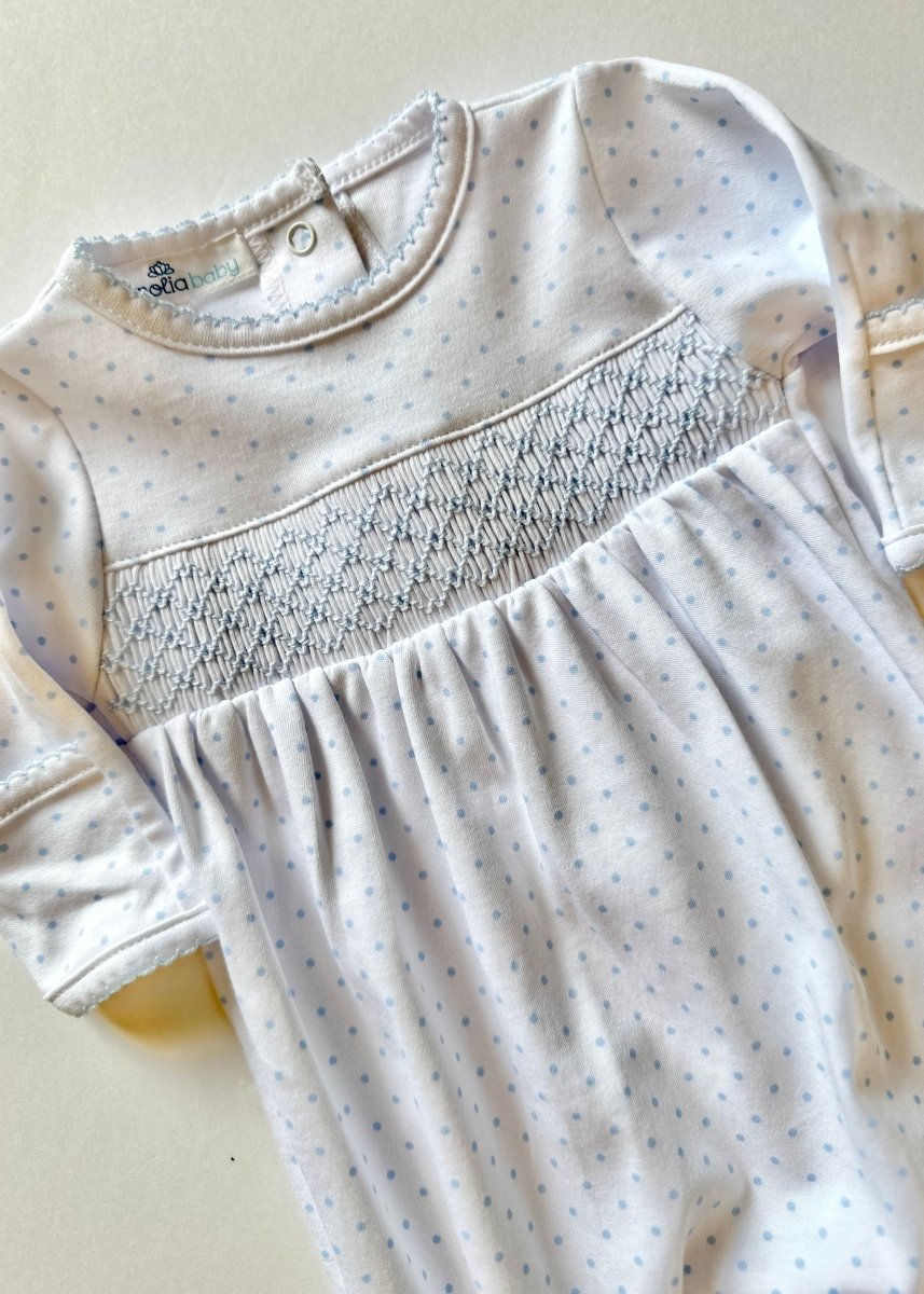 Mini Dots Smocked Footie - Blue | Magnolia Baby - baby gown - Jimberly's Boutique - Olive Branch - Mississippi