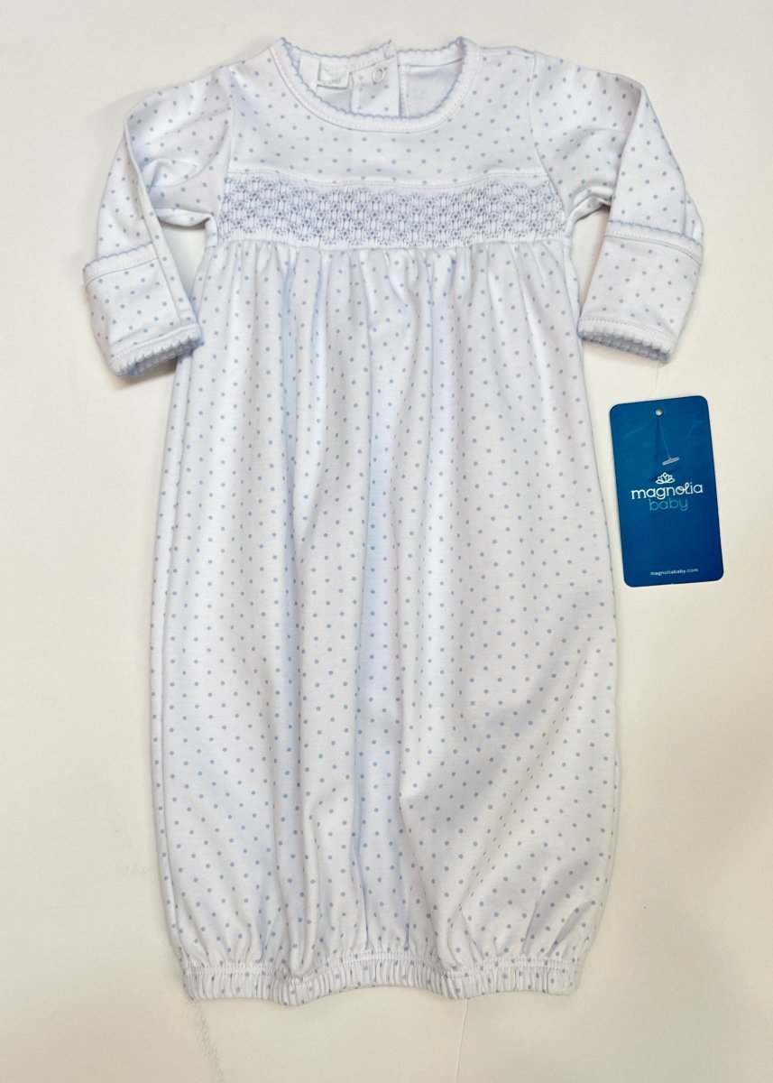 Mini Dots Smocked Gown - Blue | Magnolia Baby - baby gown - Jimberly's Boutique - Olive Branch - Mississippi