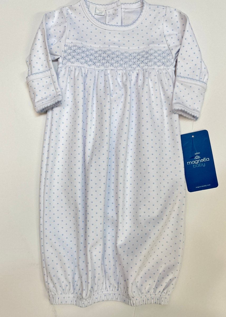 Mini Dots Smocked Gown - Blue | Magnolia Baby - baby gown - Jimberly's Boutique - Olive Branch - Mississippi