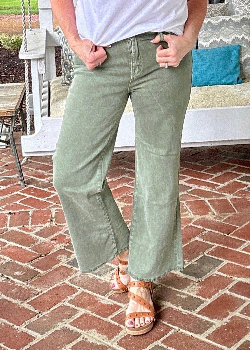 Mobile Acid Wash Straight Wide Pants - Olive - Jimberly's Boutique - Olive Branch - Mississippi