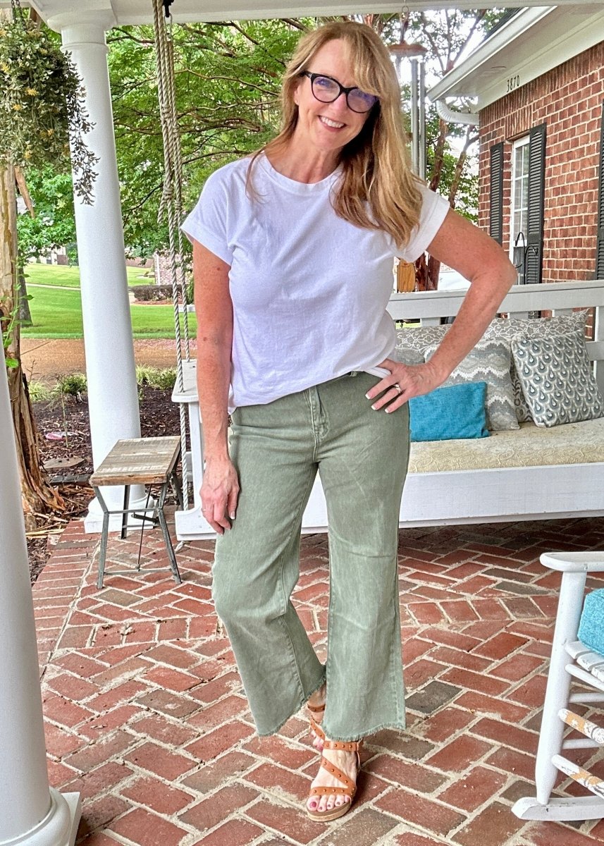 Mobile Acid Wash Straight Wide Pants - Olive - Jimberly's Boutique - Olive Branch - Mississippi