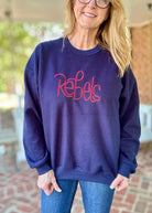 Navy Rebels Embroidered Reversed Crewneck Sweatshirt with Glitter Side Bows - Jimberly's Boutique - Olive Branch - Mississippi