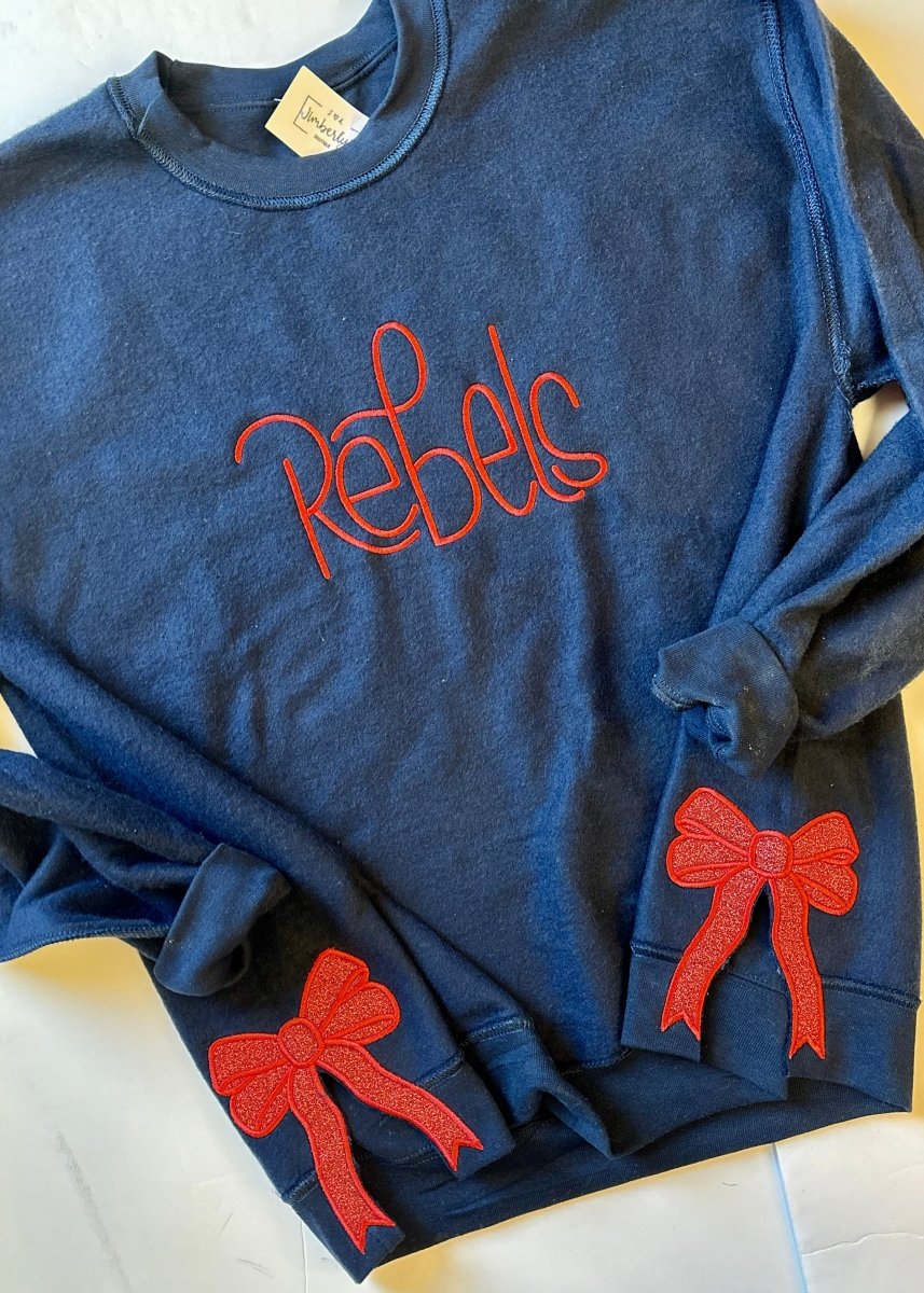 Navy Rebels Embroidered Reversed Crewneck Sweatshirt with Glitter Side Bows - Jimberly's Boutique - Olive Branch - Mississippi