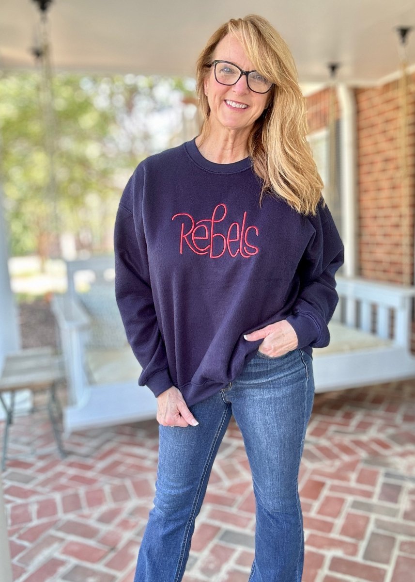 Navy Rebels Embroidered Reversed Crewneck Sweatshirt with Glitter Side Bows - Jimberly's Boutique - Olive Branch - Mississippi