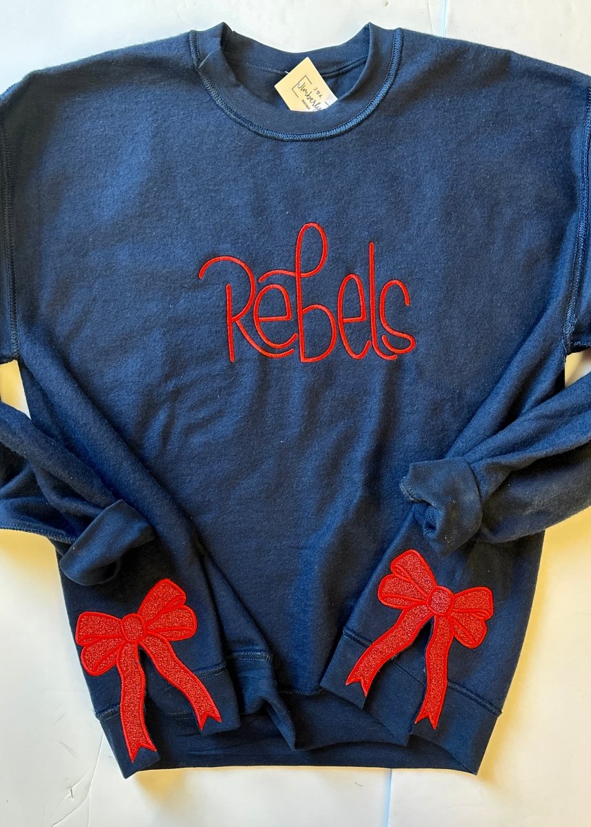 Navy Rebels Embroidered Reversed Crewneck Sweatshirt with Glitter Side Bows - Jimberly's Boutique - Olive Branch - Mississippi