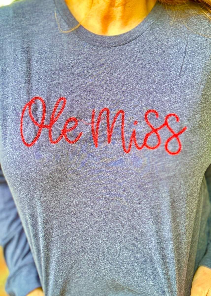 Ole Miss Navy Embroidered Bella Canvas LS Tee - Graphic Long Sleeve - Jimberly's Boutique - Olive Branch - Mississippi