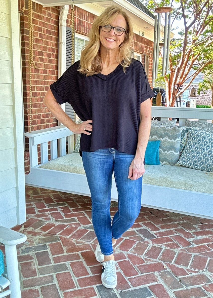 Ollie Mae Corded V Neck Top - Black - Jimberly's Boutique - Olive Branch - Mississippi