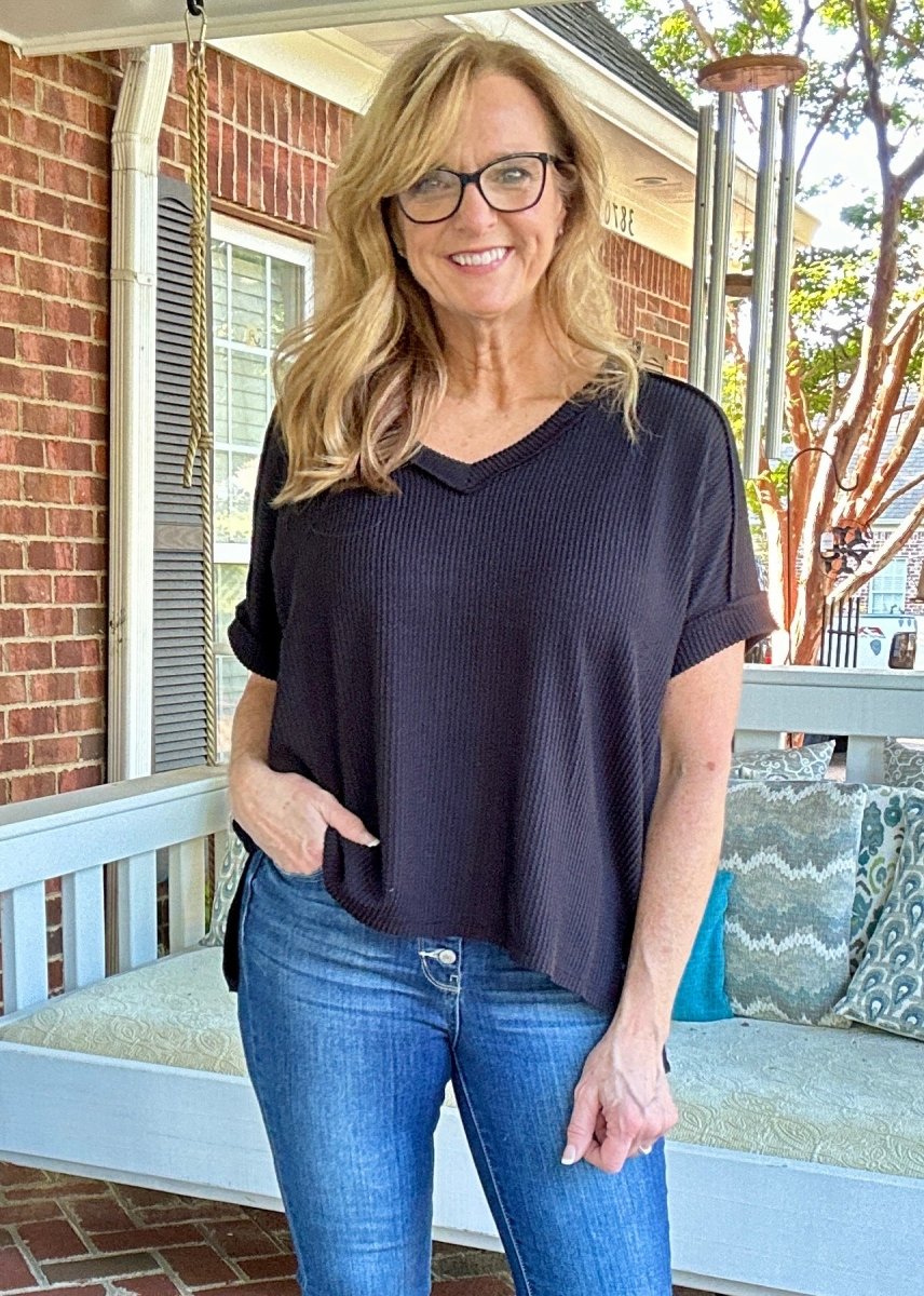 Ollie Mae Corded V Neck Top - Black - Jimberly's Boutique - Olive Branch - Mississippi