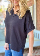 Ollie Mae Corded V Neck Top - Black - Jimberly's Boutique - Olive Branch - Mississippi