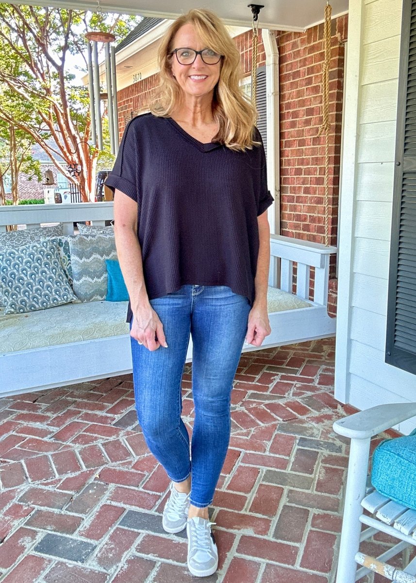 Ollie Mae Corded V Neck Top - Black - Jimberly's Boutique - Olive Branch - Mississippi