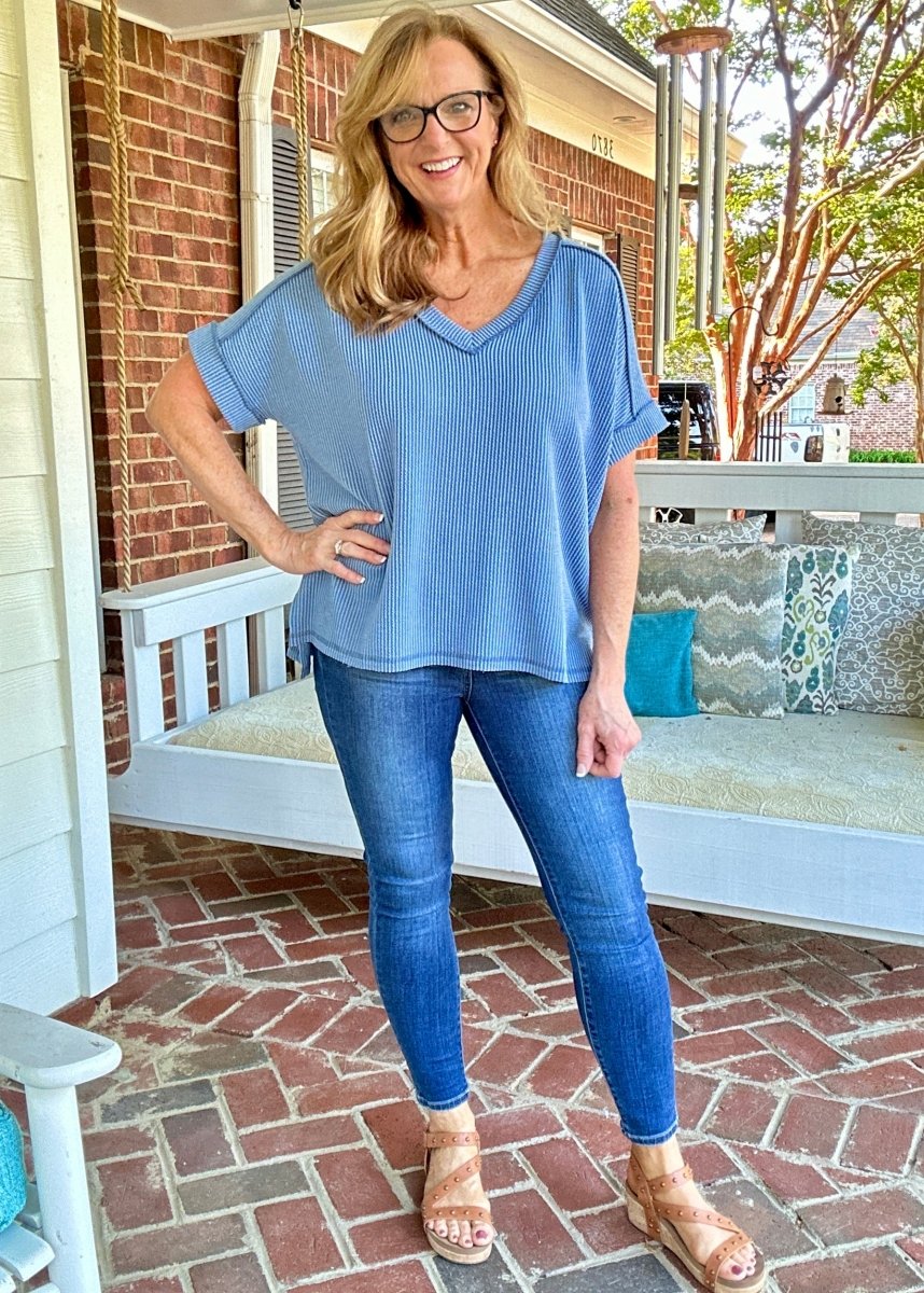 Ollie Mae Corded V Neck Top - Dusty Blue - Jimberly's Boutique - Olive Branch - Mississippi