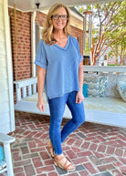 Ollie Mae Corded V Neck Top - Dusty Blue - Jimberly's Boutique - Olive Branch - Mississippi