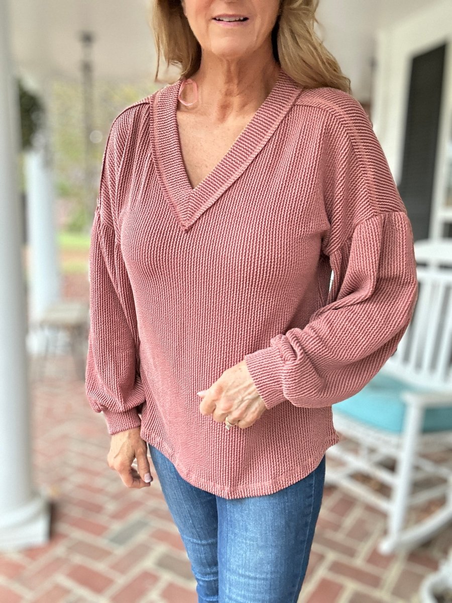 Otto Ribbed V Neck Top - Cedar Wood - Jimberly's Boutique - Olive Branch - Mississippi