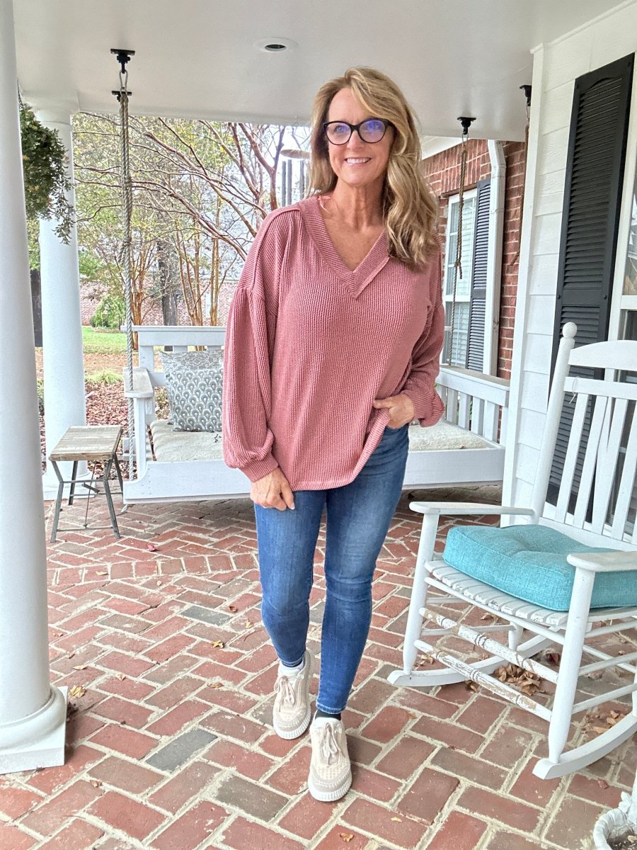 Otto Ribbed V Neck Top - Cedar Wood - Jimberly's Boutique - Olive Branch - Mississippi