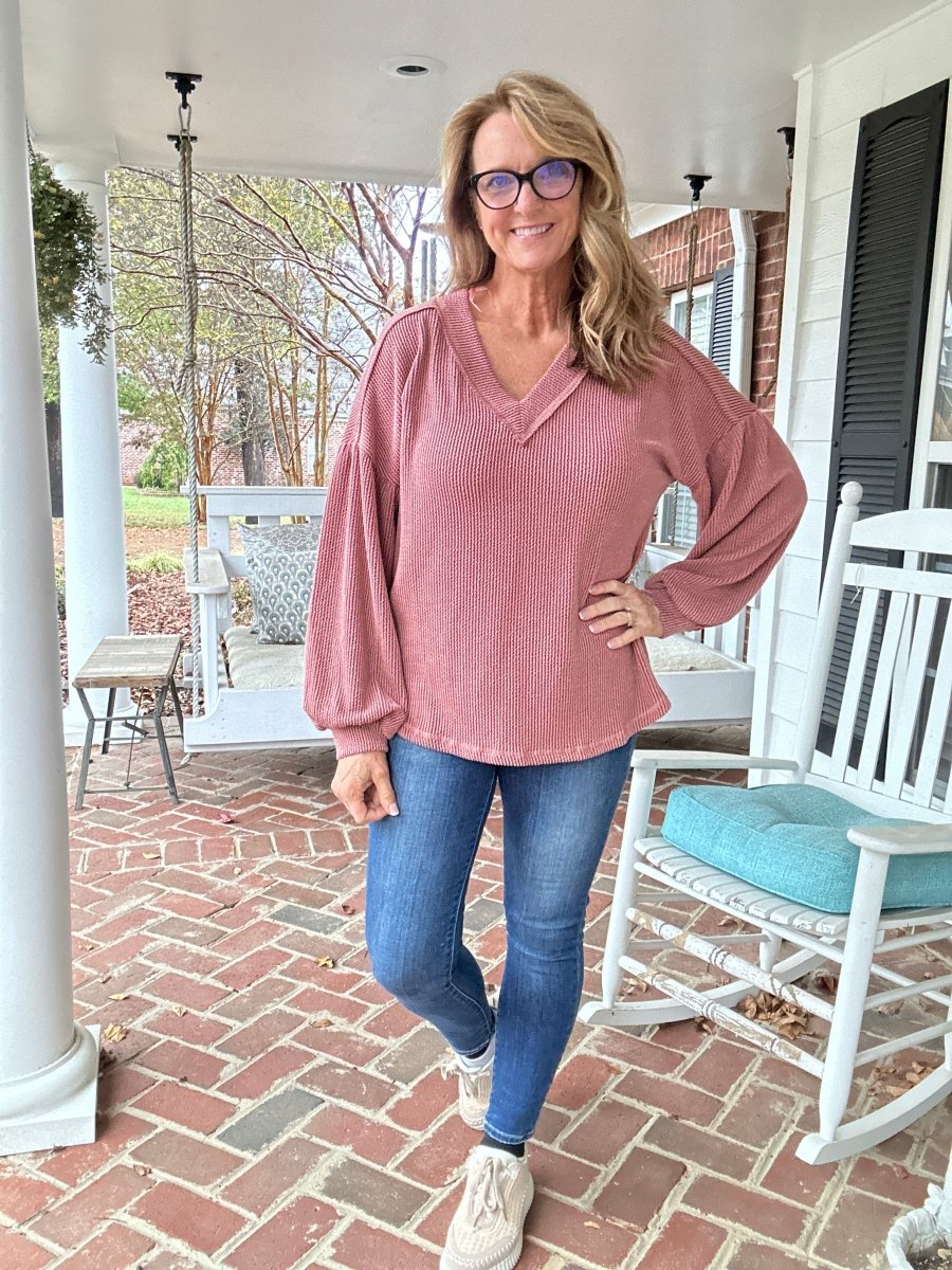 Otto Ribbed V Neck Top - Cedar Wood - Jimberly's Boutique - Olive Branch - Mississippi