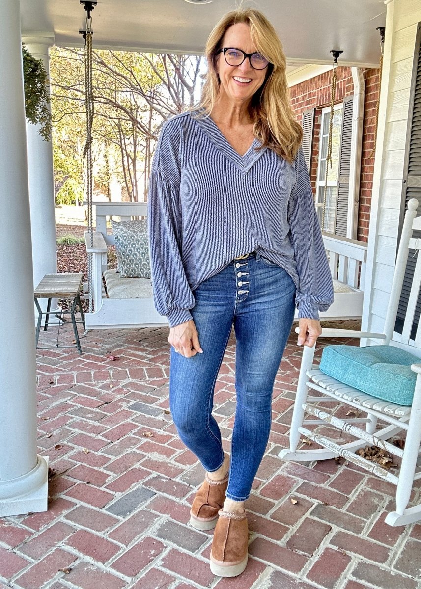 Otto Ribbed V Neck Top - Denim - Casual Top - Jimberly's Boutique - Olive Branch - Mississippi