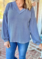 Otto Ribbed V Neck Top - Denim - Casual Top - Jimberly's Boutique - Olive Branch - Mississippi