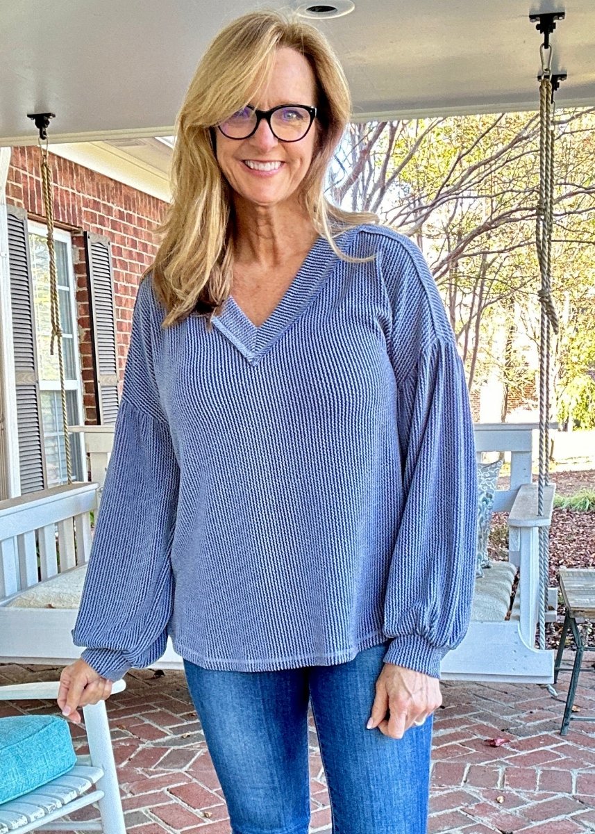 Otto Ribbed V Neck Top - Denim - Casual Top - Jimberly's Boutique - Olive Branch - Mississippi