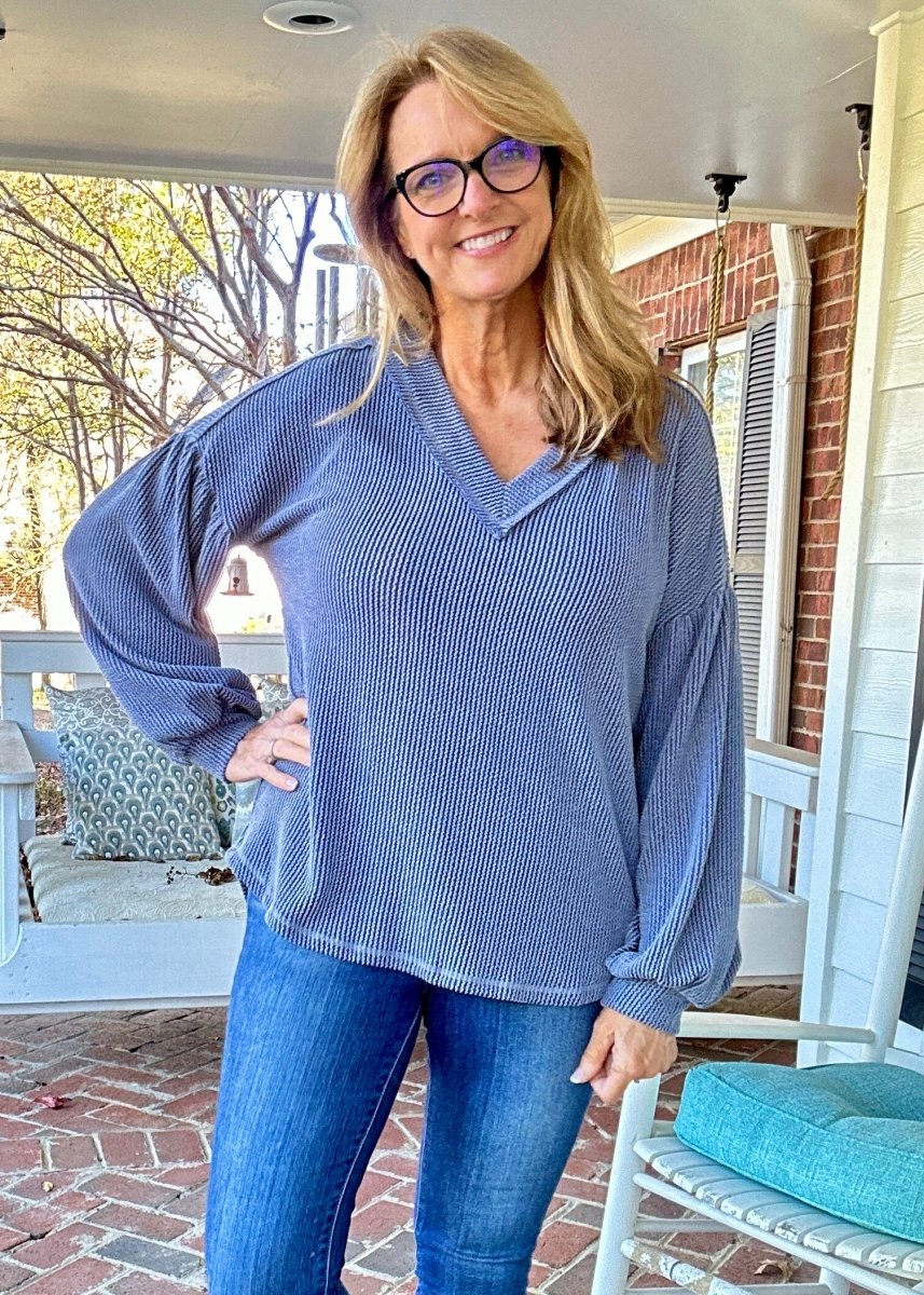 Otto Ribbed V Neck Top - Denim - Casual Top - Jimberly's Boutique - Olive Branch - Mississippi