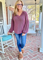 Otto Ribbed V Neck Top - Wine - Jimberly's Boutique - Olive Branch - Mississippi