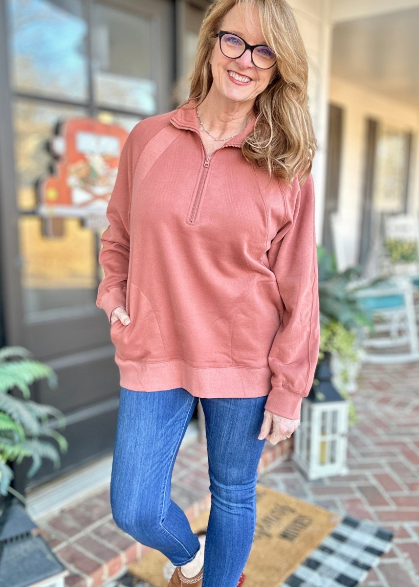 Oversized Henley Sweatshirt Top - Dusty Mauve - Sweatshirt - Jimberly's Boutique - Olive Branch - Mississippi