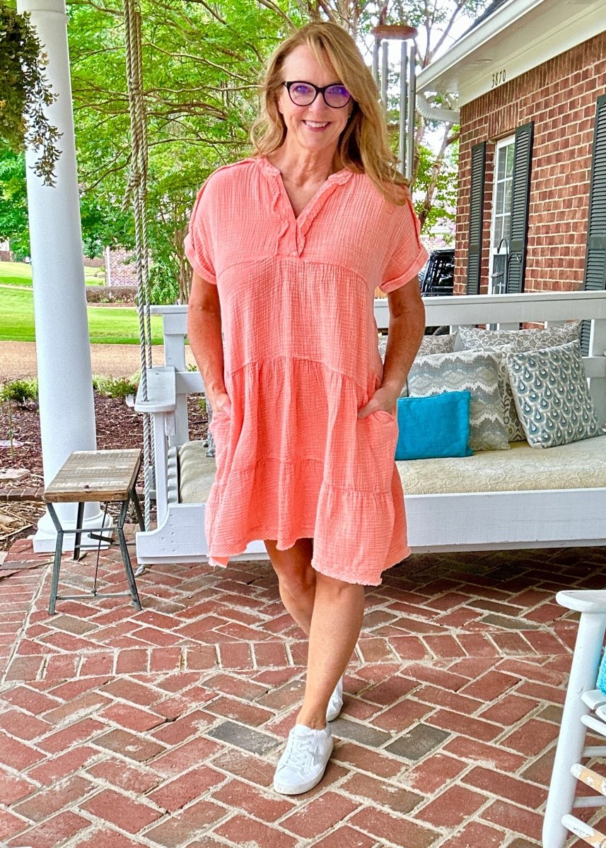 Pammie Gauze Raw Edge Dress - Coral - Casual Dress - Jimberly's Boutique - Olive Branch - Mississippi