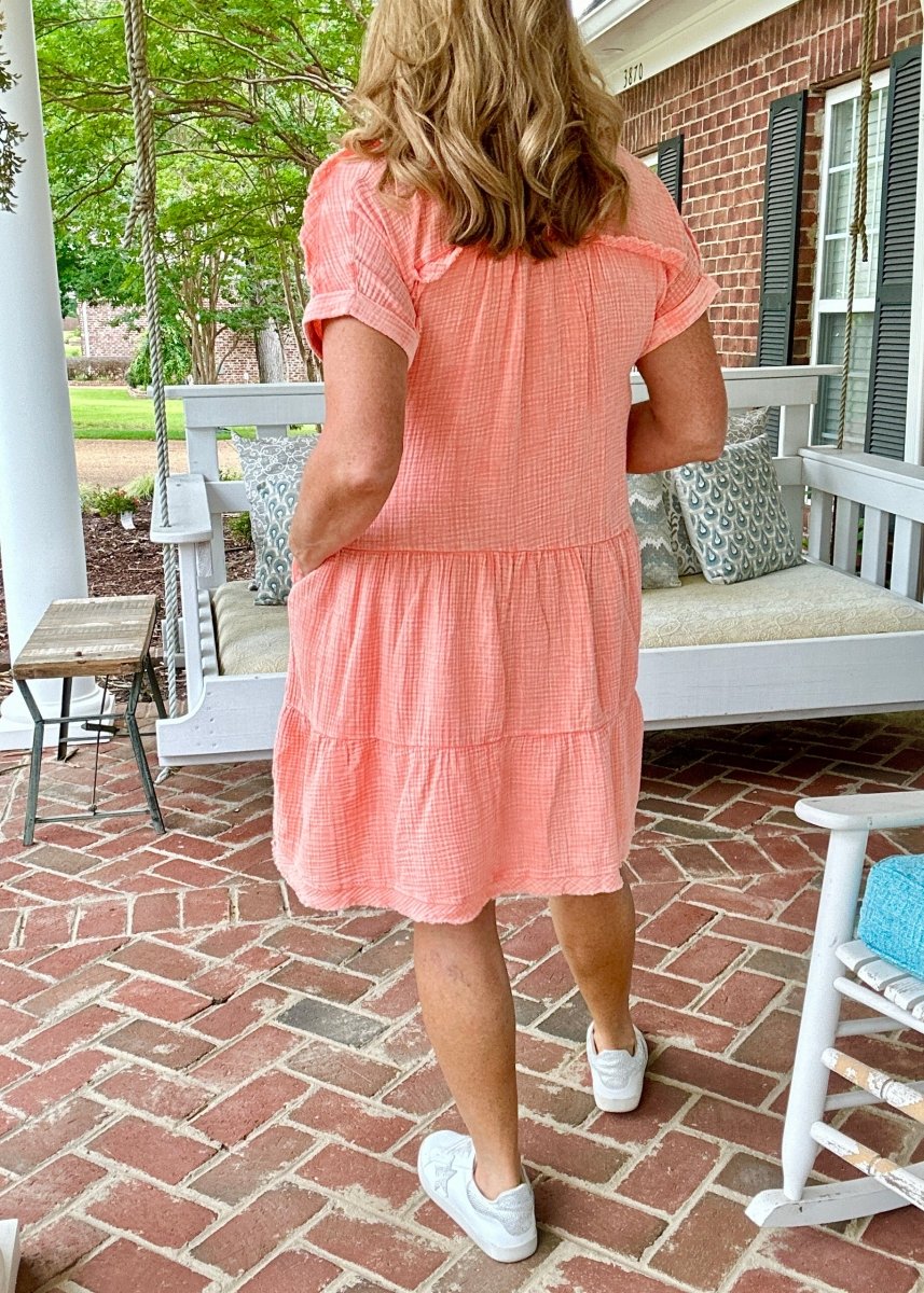 Pammie Gauze Raw Edge Dress - Coral - Casual Dress - Jimberly's Boutique - Olive Branch - Mississippi