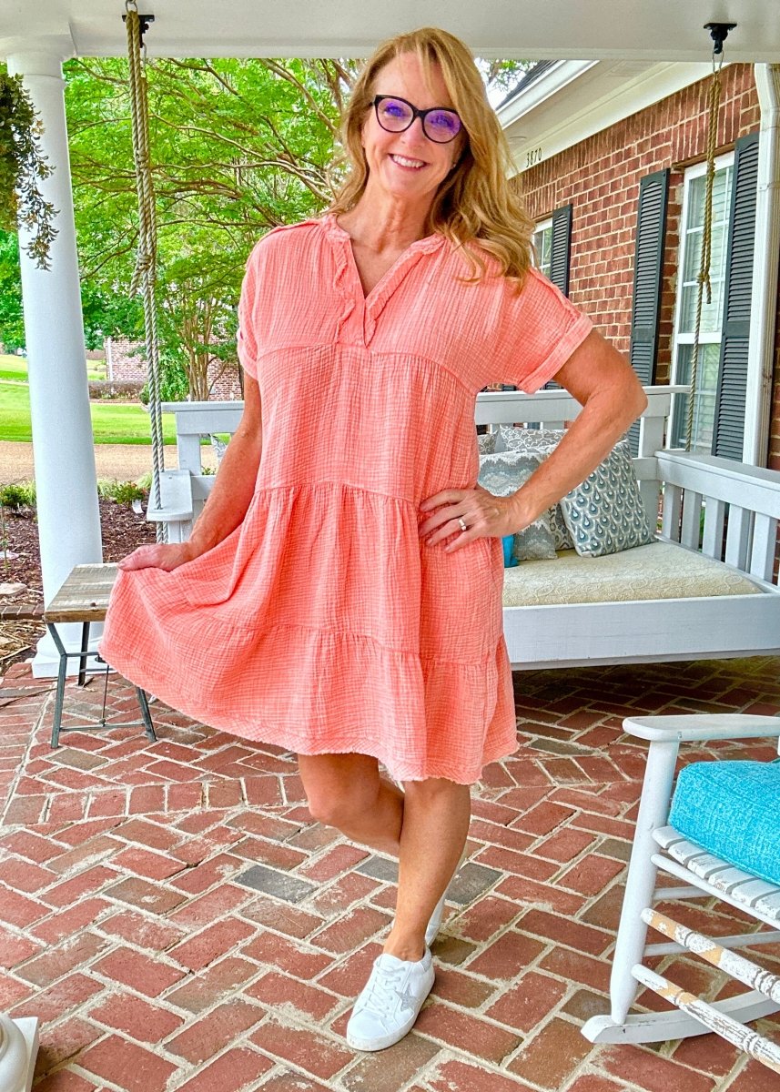 Pammie Gauze Raw Edge Dress - Coral - Casual Dress - Jimberly's Boutique - Olive Branch - Mississippi