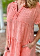 Pammie Gauze Raw Edge Dress - Coral - Casual Dress - Jimberly's Boutique - Olive Branch - Mississippi