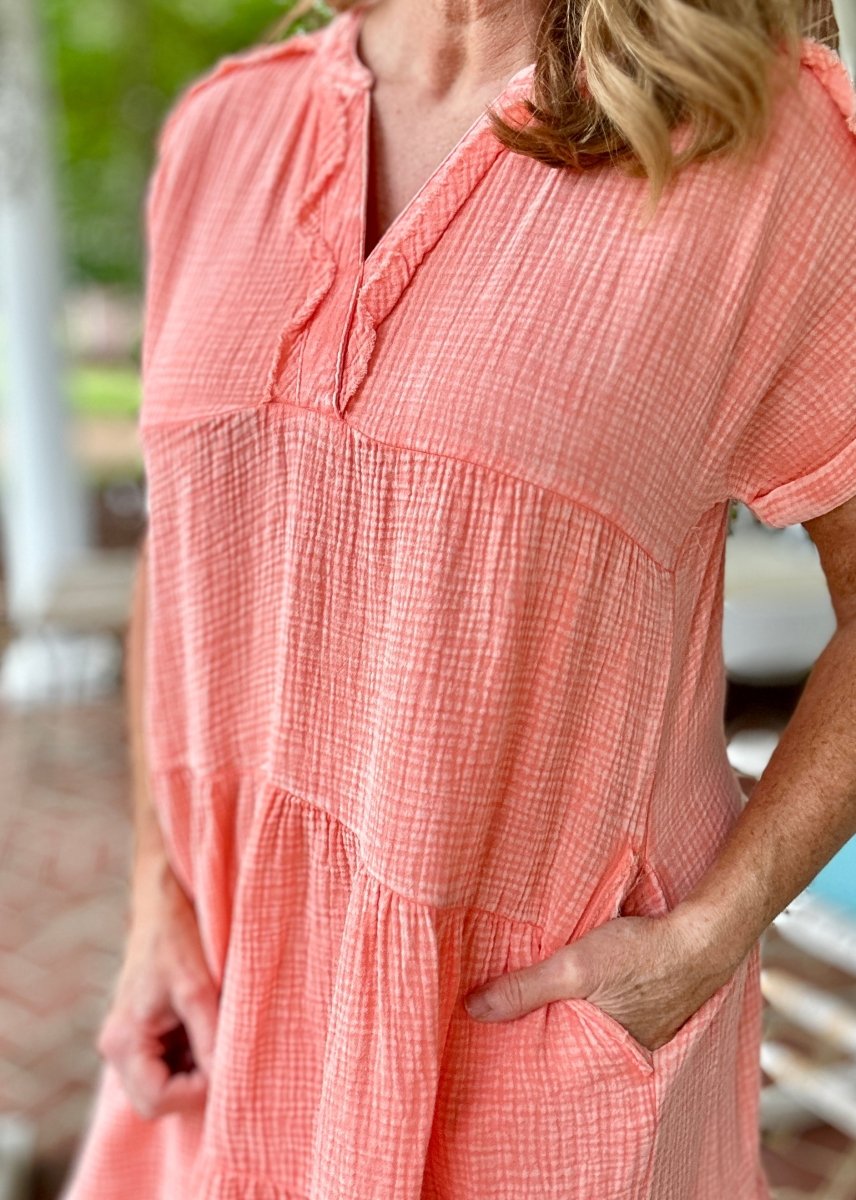 Pammie Gauze Raw Edge Dress - Coral - Casual Dress - Jimberly's Boutique - Olive Branch - Mississippi