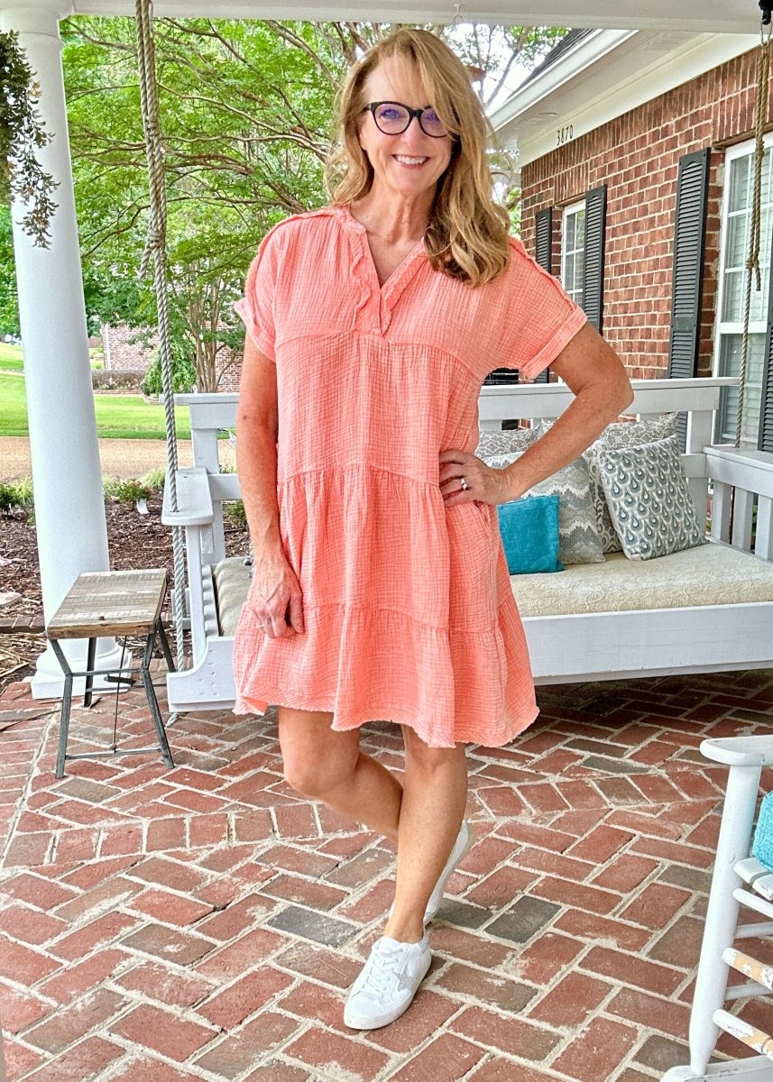 Pammie Gauze Raw Edge Dress - Coral - Casual Dress - Jimberly's Boutique - Olive Branch - Mississippi