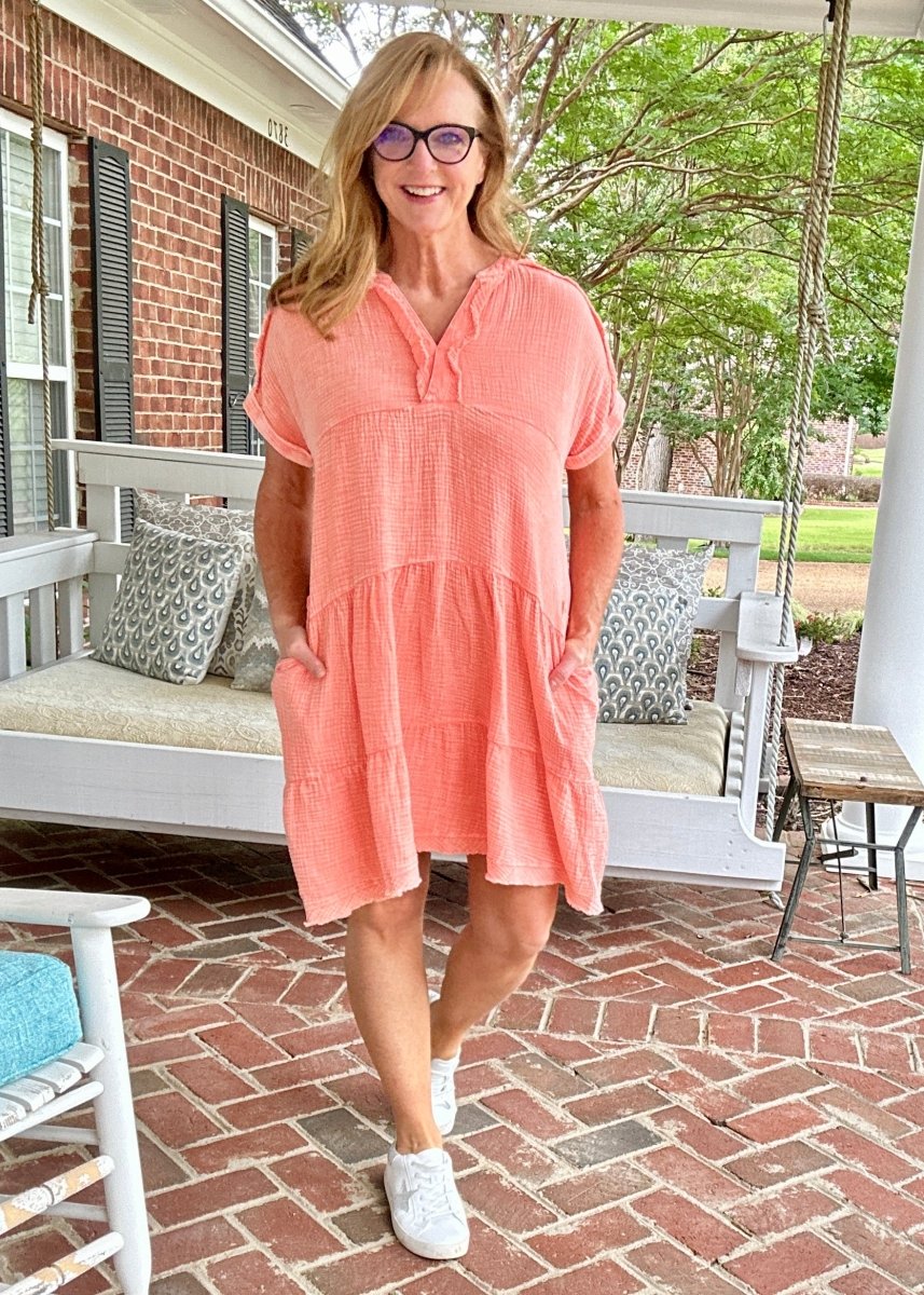 Pammie Gauze Raw Edge Dress - Coral - Casual Dress - Jimberly's Boutique - Olive Branch - Mississippi