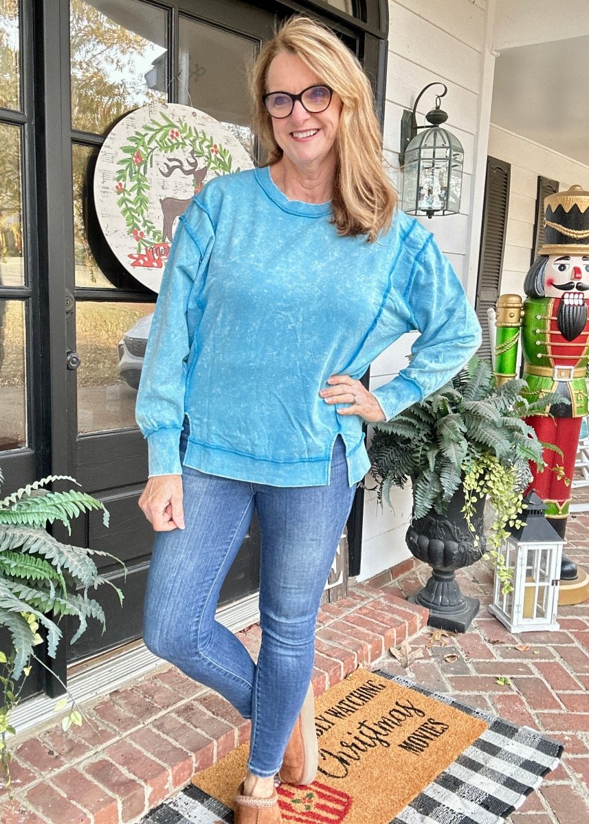 Queenie Acid Wash Sweatshirt - Deep Sky - acid wash sweatshirt - Jimberly's Boutique - Olive Branch - Mississippi