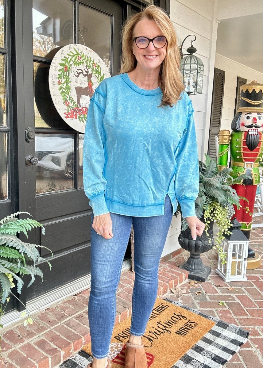 Queenie Acid Wash Sweatshirt - Deep Sky - acid wash sweatshirt - Jimberly's Boutique - Olive Branch - Mississippi