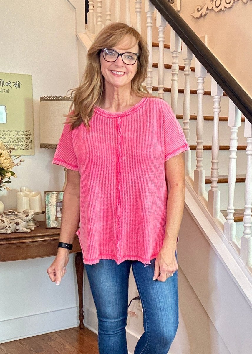 Rachel Washed Waffle Short Sleeve Top - Fuchsia | Zenana - Casual Top - Jimberly's Boutique - Olive Branch - Mississippi