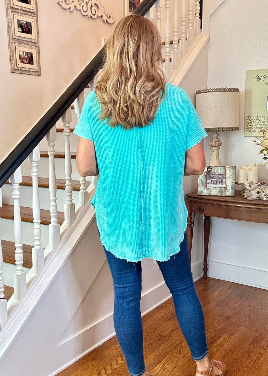 Rachel Washed Waffle Short Sleeve Top - Turquoise | Zenana - Casual Top - Jimberly's Boutique - Olive Branch - Mississippi