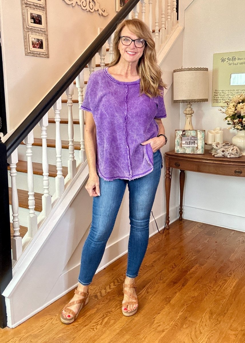 Rachel Washed Waffle Short Sleeve Top - Violet | Zenana - Casual Top - Jimberly's Boutique - Olive Branch - Mississippi