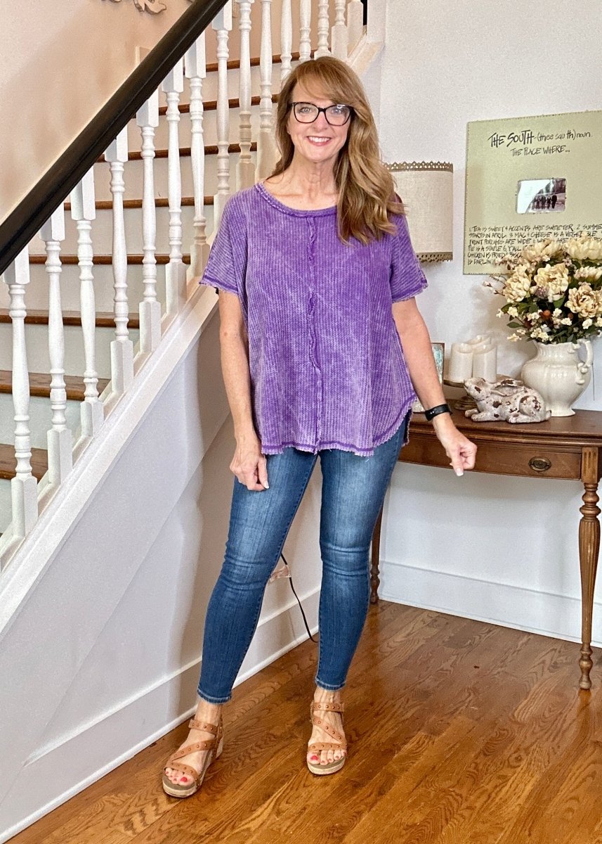 Rachel Washed Waffle Short Sleeve Top - Violet | Zenana - Casual Top - Jimberly's Boutique - Olive Branch - Mississippi