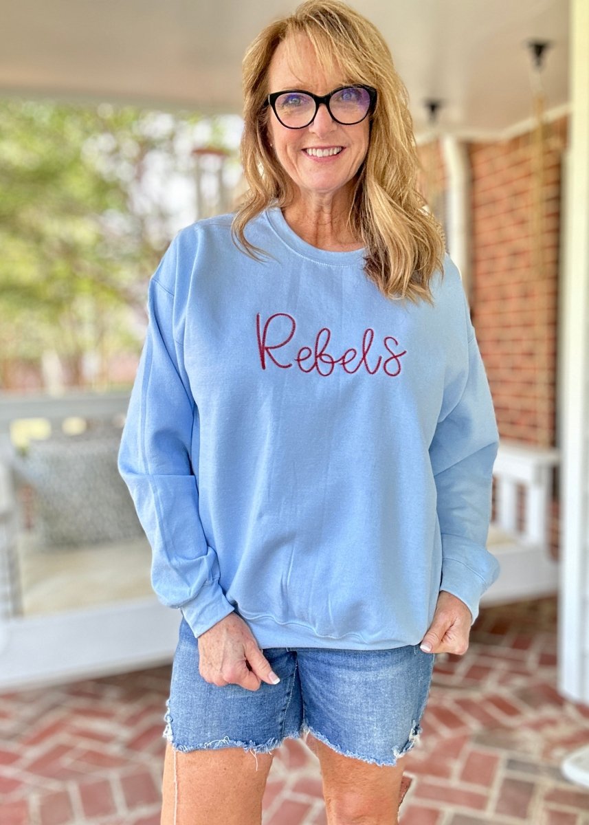 Rebels Chain Stitch Embroidered Sweatshirt - Powder Blue w/Red - sweatshirt - Jimberly's Boutique - Olive Branch - Mississippi