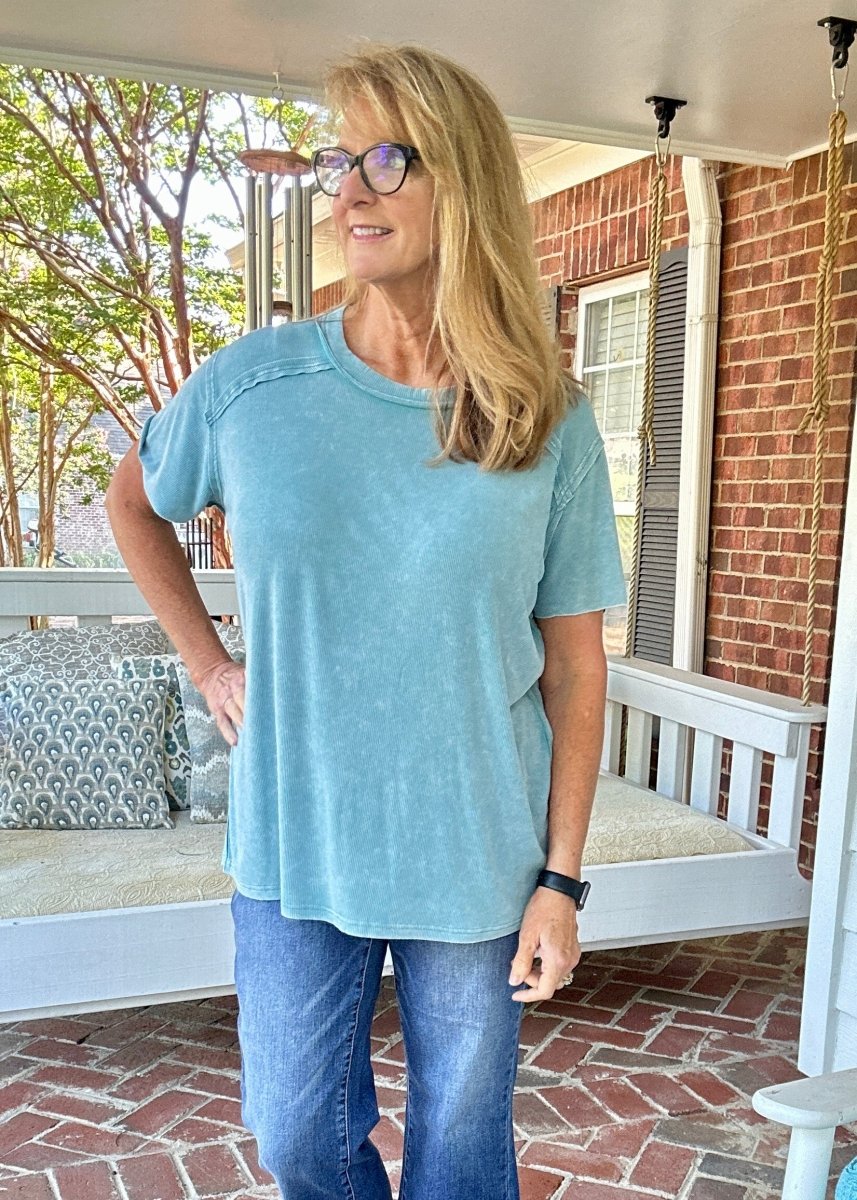 Ribbed Boat Neck Top - Dusty Teal - Casual Top - Jimberly's Boutique - Olive Branch - Mississippi