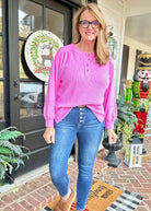 Ribbed Melange Henley Sweater - Bright Mauve - Casual Sweater - Jimberly's Boutique - Olive Branch - Mississippi