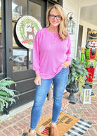 Ribbed Melange Henley Sweater - Bright Mauve - Casual Sweater - Jimberly's Boutique - Olive Branch - Mississippi