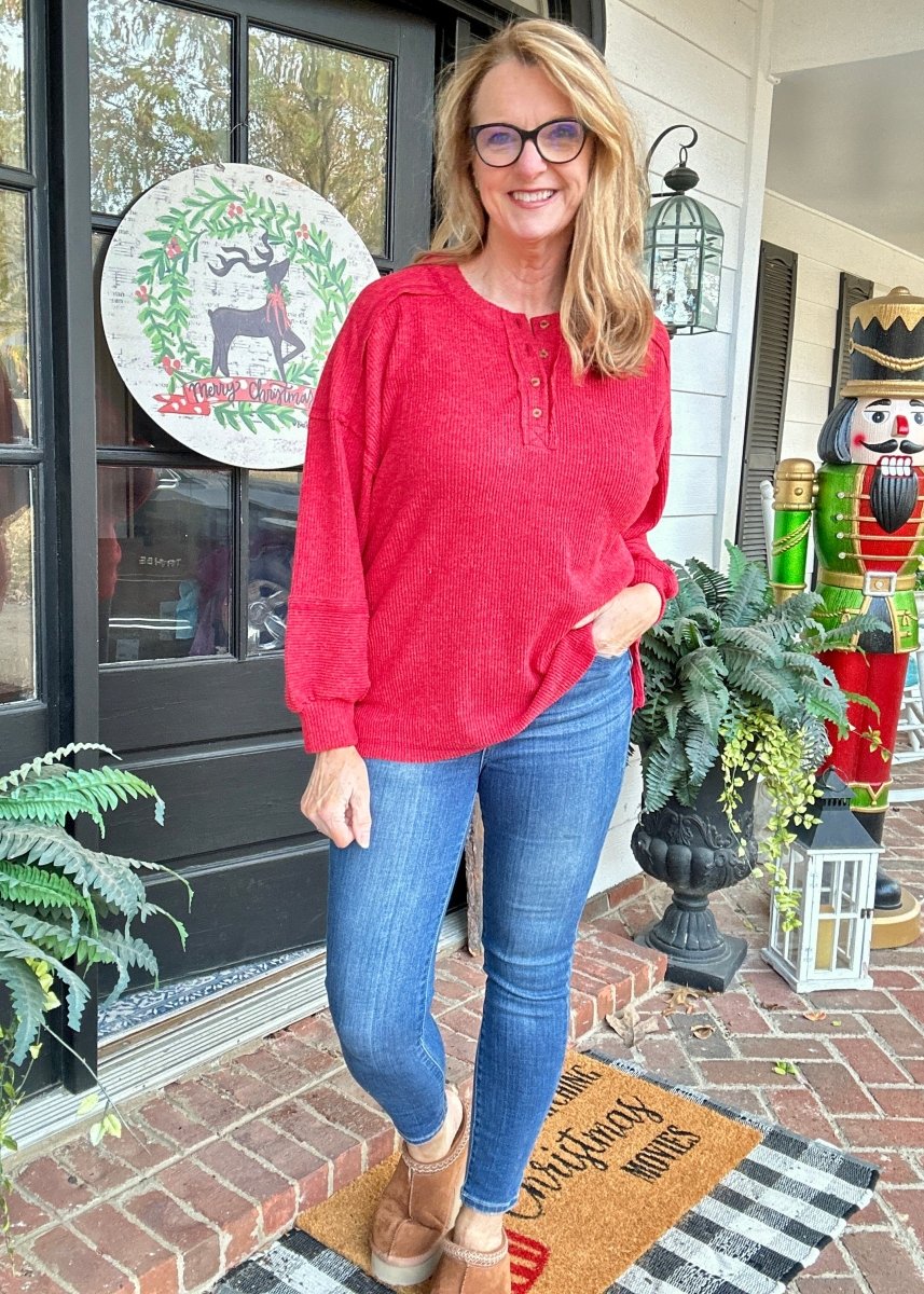 Ribbed Melange Henley Sweater - Dark Red - Casual Sweater - Jimberly's Boutique - Olive Branch - Mississippi