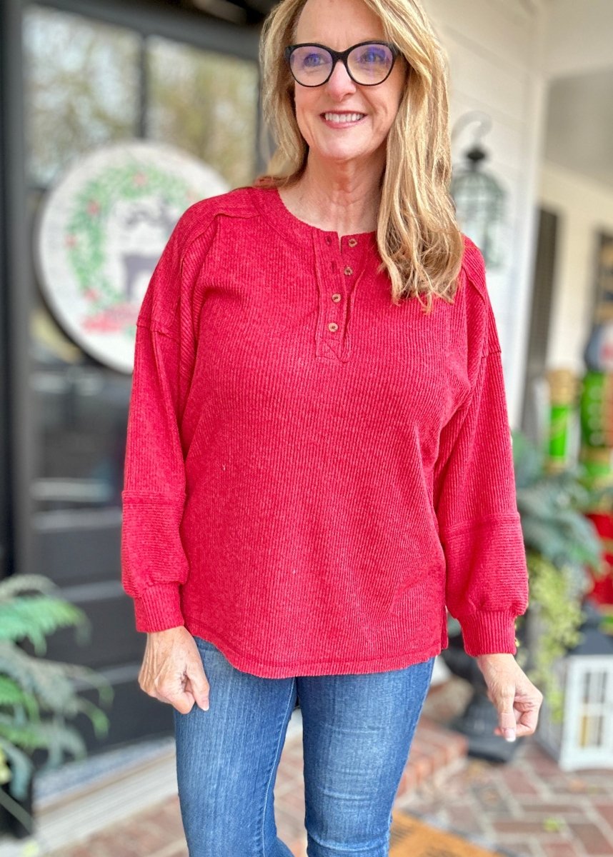 Ribbed Melange Henley Sweater - Dark Red - Casual Sweater - Jimberly's Boutique - Olive Branch - Mississippi