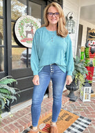 Ribbed Melange Henley Sweater - Dusty Teal - Casual Sweater - Jimberly's Boutique - Olive Branch - Mississippi