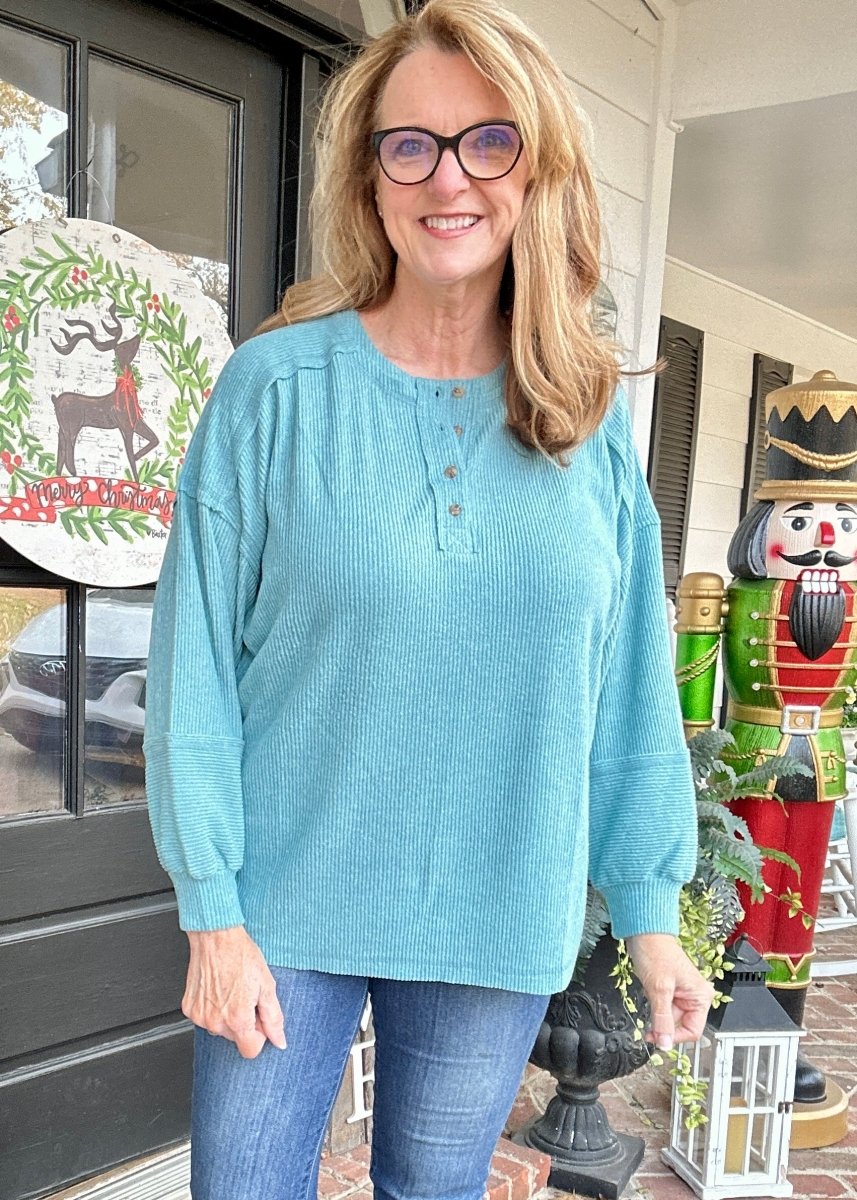 Ribbed Melange Henley Sweater - Dusty Teal - Casual Sweater - Jimberly's Boutique - Olive Branch - Mississippi