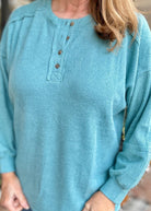 Ribbed Melange Henley Sweater - Dusty Teal - Casual Sweater - Jimberly's Boutique - Olive Branch - Mississippi