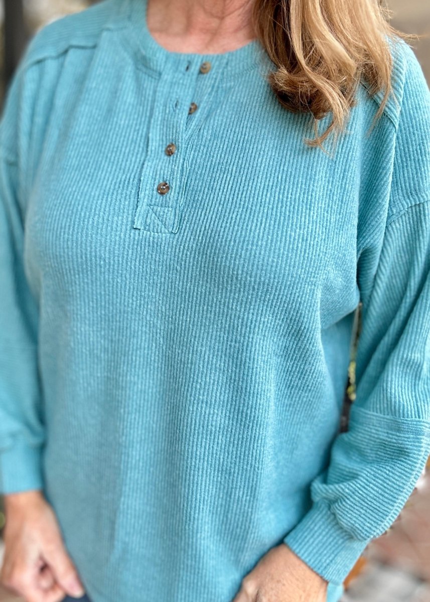 Ribbed Melange Henley Sweater - Dusty Teal - Casual Sweater - Jimberly's Boutique - Olive Branch - Mississippi