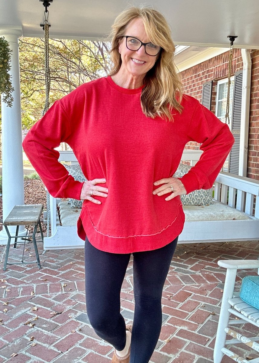 Royce Mélange Poncho Long Sleeve Hi - Lo Fleece - Red - Royce Fleece - Jimberly's Boutique - Olive Branch - Mississippi